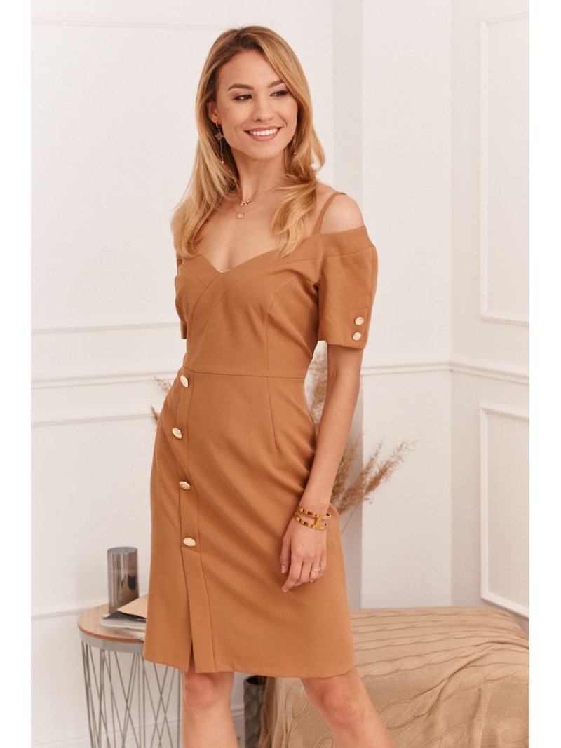 Elegant carmen neckline dress, caramel 0484 - Online store - Boutique